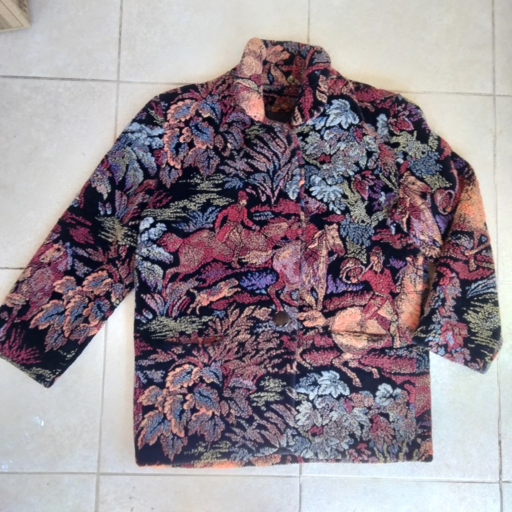 Donneybrook Vintage 80's Equestrian themed Faux Fur Carpet Bag Coat Womens Sz XL